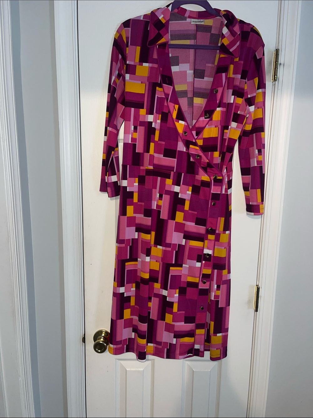 Isaac Mizrahi Fuchsia Pink Geometric Midi faux  Wrap Dress